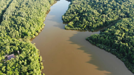 Nature on the Amur River in Russia. Breathtaking aerial view of a winding river flowing through a...