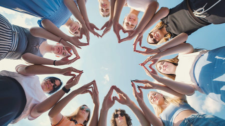 School friends forming a star shape with their hands against a blue sky, representing unity,...
