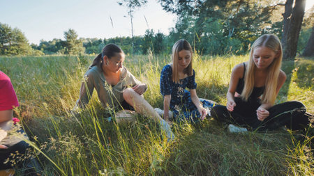 Teenage friends relaxing in wildflower field, gathering blossoms during golden sunlight of summer dayの写真素材