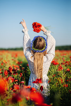 Young blonde woman wearing flower wreath holding poppies above her head in beautiful poppy field celebrating kupala night or summer solsticeの写真素材
