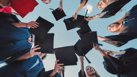 Happy students in academic gowns tossing their mortarboards in the air at graduation ceremonyの写真素材