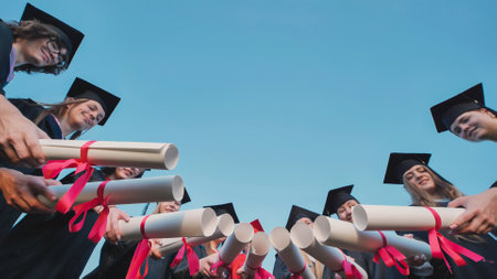 Students in graduation gowns and caps standing in a circle, holding diplomasの写真素材