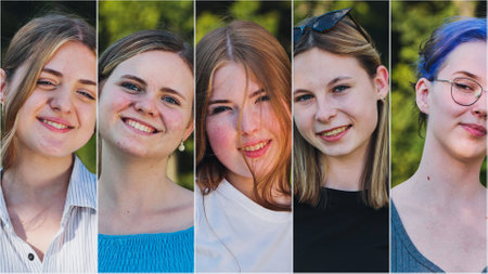 Five diverse young women, possibly classmates or school friends, are smiling in a multi panel photo compositionの写真素材