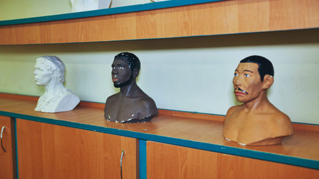 Three busts of different ethnic groups are displayed on a shelf in a classroom, possibly for an art...
