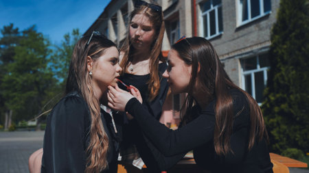 High school students having fun outdoors, doing makeup and sharing laughter as they celebrate friendship and youthful radianceの写真素材