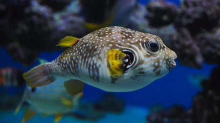 White-spotted pufferfish swimming in blue water near coralsの写真素材