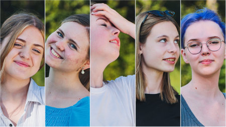 Dynamic photo collage captures the unique personalities of five diverse female students, showcasing the essence of youth and friendshipの写真素材
