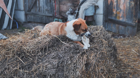 Cute dog chewing bone lying on haystack in farmyardの写真素材