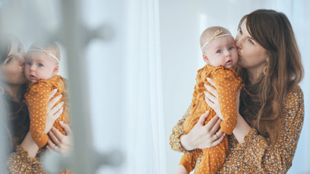 Young mother is kissing her adorable baby girl, creating a heartwarming moment of love and connectionの写真素材