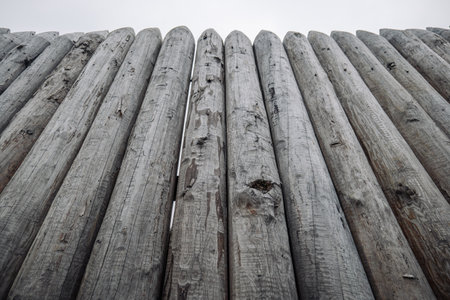 Close up of weathered wooden logs forming a sturdy palisade, providing defense and security in a historical fortificationの写真素材