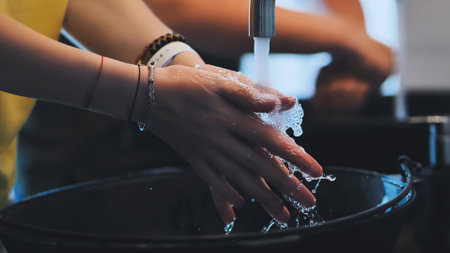 Woman carefully washing her hands with soap and water in a basin, promoting hygiene and cleanlinessの写真素材