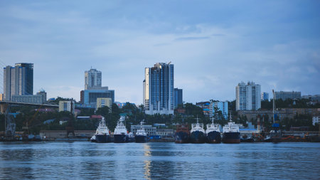 Cargo vessels docked at vladivostok seaport, golden bridge spanning cityscape under overcast skyの写真素材