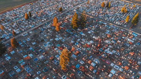 Cemetery view from drone. Early spring.の写真素材