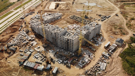 Construction of apartment buildings in Belarus. Drone view.