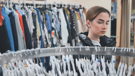 Young woman browsing through clothing on hangers while shopping in a vibrant fashion store,...