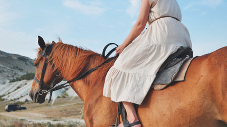 Woman riding brown horse in Crimea near Belogorsk enjoying summer dayの写真素材