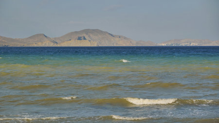 Gentle waves washing coast on a sunny dayの写真素材