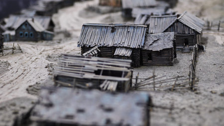 Miniature model of old wooden village showing rural life in pre-industrial Russiaの写真素材