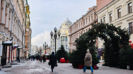 People walking on Kuznetsky Most street in Moscow during Christmas holidaysの写真素材