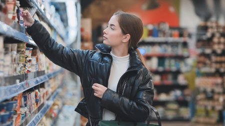 Young woman selecting grocery items, browsing shelves, purchasing fresh produceの写真素材