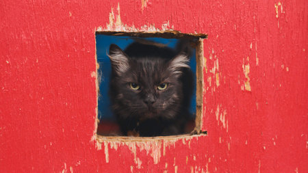 Black cat staring through hole in red wooden fenceの写真素材