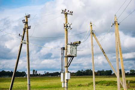 Old wooden power lines supplying electricity to the countryside under a cloudy skyの写真素材