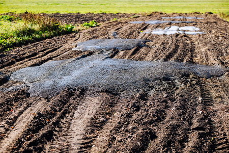 Puddles reflecting sky on muddy field road creating tire tracks