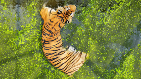 Powerful tiger swimming through green algae filled water, relaxing under summer sunlight in zoological habitatの写真素材