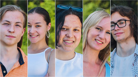Five diverse high school students are showing their happiness in a cheerful portrait collage