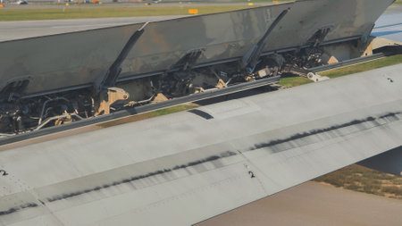 Airplane wing spoilers extending during landing approachの写真素材