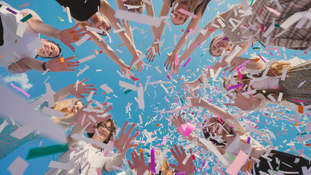 High school graduates joyfully throwing colorful confetti in the air, celebrating under a sunny summer skyの写真素材