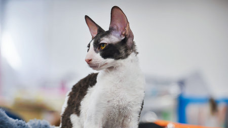 Purebred Cornish Rex cat sitting and looking away