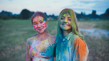 Two female school friends, covered in vibrant holi powder paint, embrace and smile during the colorful festivitiesの写真素材