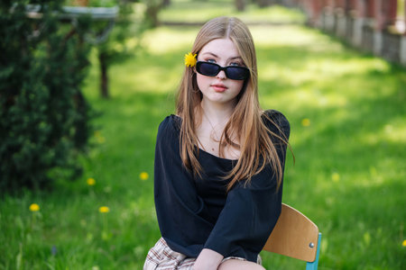 Stylish teenage student girl enjoying a break in the schoolyard, sitting on a chair during the school dayの写真素材