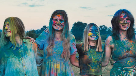 Four school friends joyfully embrace each other covered in vibrant holi powder paintの写真素材