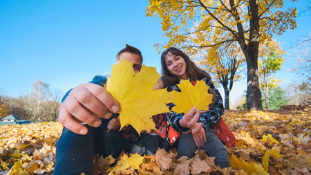 Family enjoying a sunny autumn day in a park, showing big yellow maple leaves and having fun...