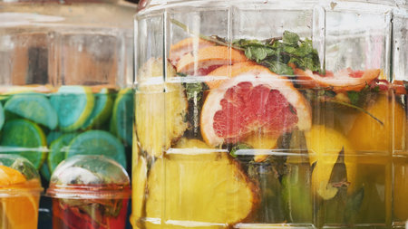 Refreshing fruit infused water containing pineapple, grapefruit, lemon, lime and mint leavesの写真素材