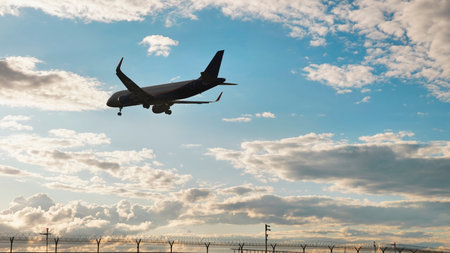 Passenger plane landing at the airport in cloudy skyの写真素材