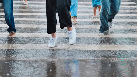 People walking on zebra crossing during rainy day, splashing water from puddlesの写真素材