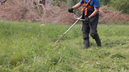 A man mows the grass with a trimmer on a summer day.