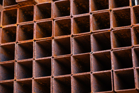 Rusty square metal pipes forming a grid pattern for industrial construction background
