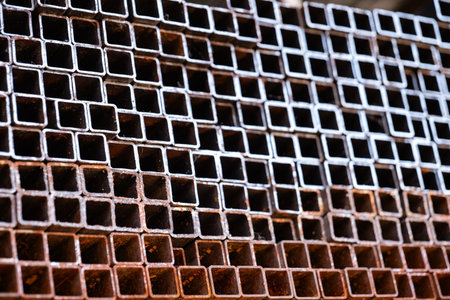 Stacked square steel tubes forming a metal pattern with textured rustの写真素材