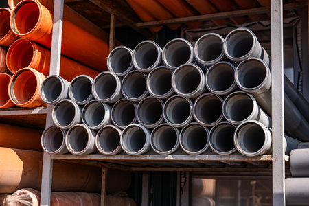 PVC drainage pipes stacked on shelves in a warehouse, ready for construction projects