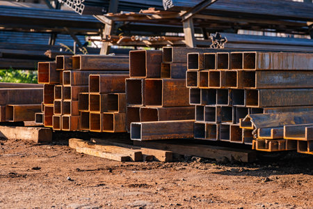 Stacked rusty square steel pipes and metal profiles at construction material storage yard