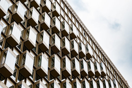 Modern brutalist architecture featuring geometric pattern on a building facadeの写真素材