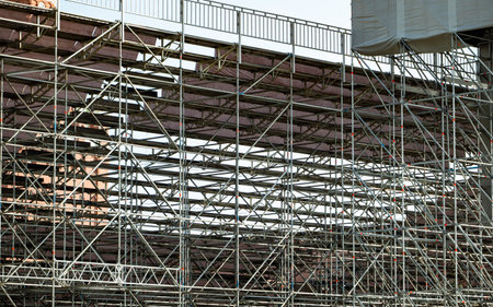 Temporary scaffolding structure building an outdoor event stadium for performances