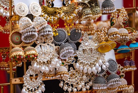 Indian jhumka statement earrings with pearls and beads on display at a market stallの写真素材