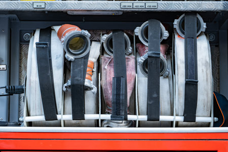 Firefighter hoses and equipment packed in a fire truck, ready for emergency response
