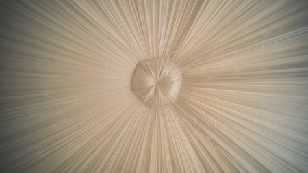 Soft beige drapes cascading gracefully, converging at focal point, enhancing wedding venue with...