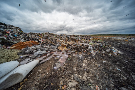 Landfill site creating environmental crisis, birds flying over waste with pollution